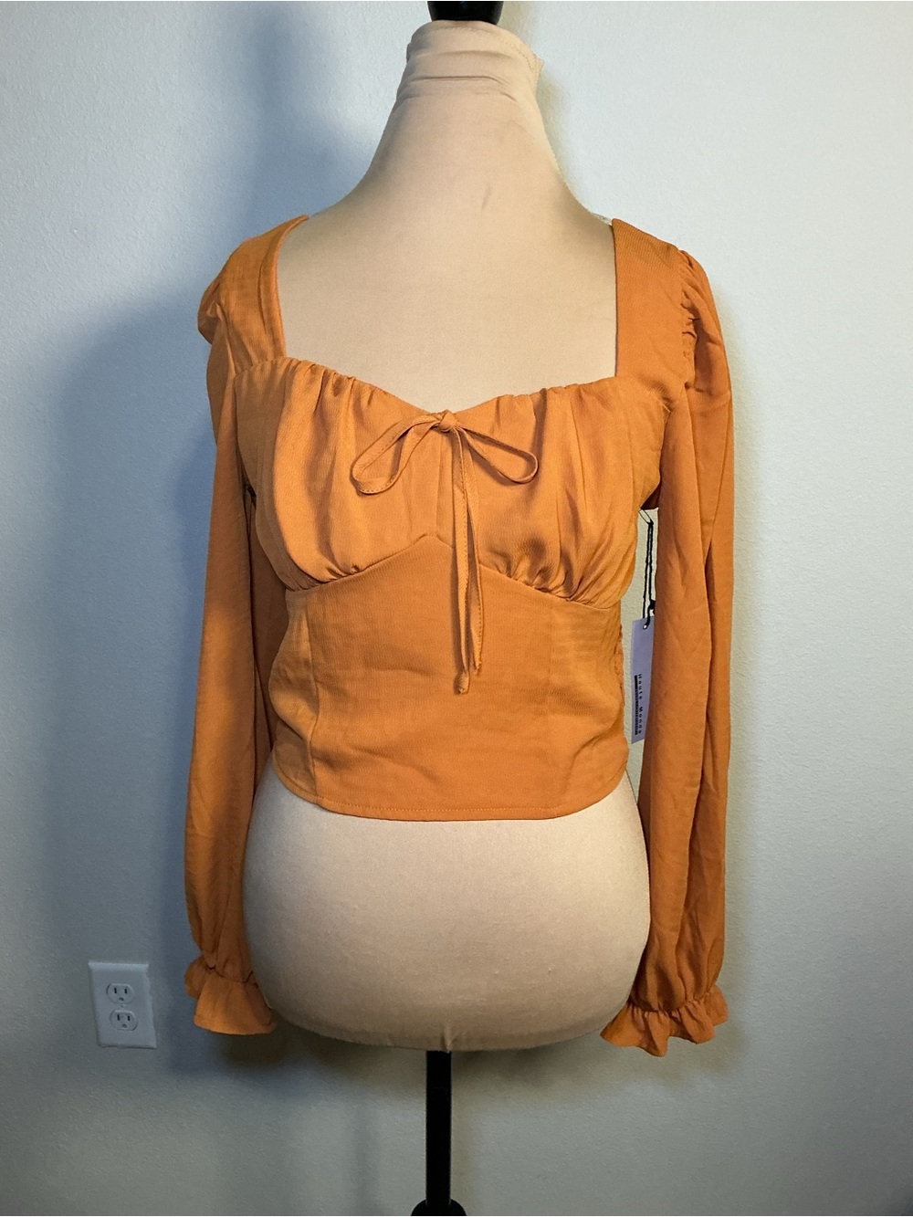 Long-Sleeve Tie-Front Peasant Top in Rust